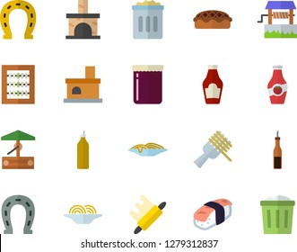 Color flat icon set rolling pin flat vector, ketchup, sauce, spaghetti on a fork, pie, sashimi, jam, mustard, well, horseshoe, fireplace, abacus, trash can