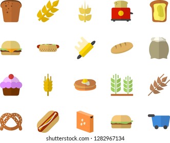 Color flat icon set rolling pin flat vector, toaster, flour, groats, ear, pancakes, bagel, cake, bread, hamburger, hot dog, sandwich, grocery trolley fector
