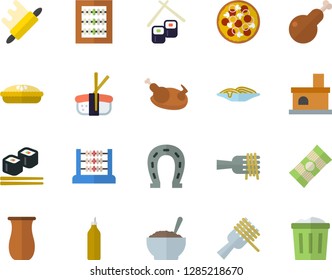 Color flat icon set rolling pin flat vector, jugful, spaghetti, on a fork, pizza, porridge, pie, chicken, fish rolls, sashimi, mustard, horseshoe, fireplace, abacus, trash can