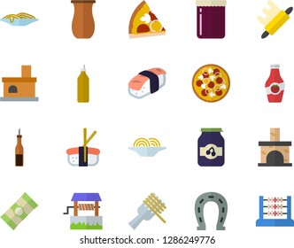 Color flat icon set rolling pin flat vector, jugful, spaghetti, sauce, on a fork, pizza, sashimi, jam, mustard, ketchup, well, horseshoe, fireplace, abacus