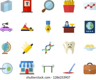 Color flat icon set rolling pin flat vector, spaghetti, French fries, electric cars, store front, massage, scalpel, DNA, artificial insemination, broken tooth, ink pen, sticker, point diagram, globe