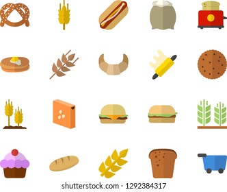 Color flat icon set rolling pin flat vector, toaster, flour, groats, ear, biscuit, pancakes, bagel, croissant, cake, bread, hamburger, hot dog, grocery trolley fector