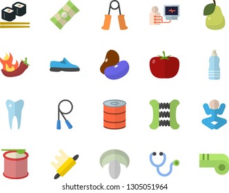 Color flat icon set rolling pin flat vector, spaghetti, tomato, legumes, canned food, mushroom, hot peppers, fish rolls, pear, stethoscope, diagnostics, tooth, sneakers, skipping rope, yoga, water