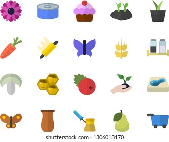 Color flat icon set rolling pin flat vector, turk, spice, jugful, cake, canned food, mushroom, cranberry, pear, honeycomb, ear, home plant, carrot, flower, seedlings, planting plants, butterflies