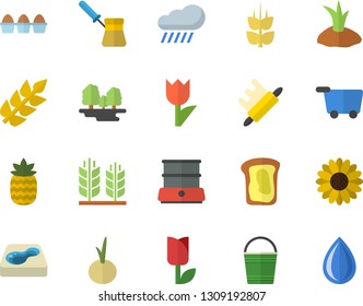 Color flat icon set rolling pin flat vector, turk, double boiler, egg, onion, pineapple, sandwich, ear, flower, bucketful, planting plants, tulip, rain, pool, forest, grocery trolley vector, drop