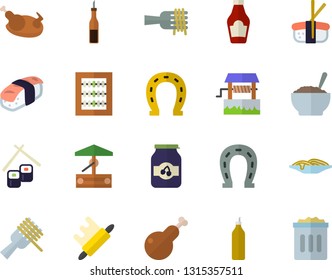 Color flat icon set rolling pin flat vector, ketchup, sauce, spaghetti on a fork, porridge, chicken, fish rolls, sashimi, jam, mustard, well, horseshoe, abacus, trash can