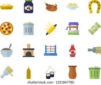 Color flat icon set rolling pin flat vector, jugful, spaghetti, on a fork, pizza, porridge, pie, chicken, fish rolls, jam, mustard, ketchup, well, horseshoe, fireplace, abacus, trash can