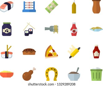 Color flat icon set rolling pin flat vector, jugful, spaghetti, ketchup, on a fork, pizza, porridge, pie, chicken, fish rolls, sashimi, jam, mustard, horseshoe, abacus, trash can