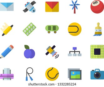 Color flat icon set rolling pin flat vector, plum, windmill, paint brush, pill packaging, printer, pencil, mail, satellit, cpu, classification, bowling ball, skateboard, skipping rope, tennis