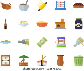 Color flat icon set rolling pin flat vector, jugful, spaghetti, sauce, on a fork, porridge, pie, chicken, sashimi, jam, well, fireplace, abacus, trash can