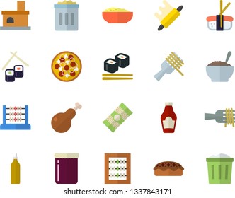 Color flat icon set rolling pin flat vector, spaghetti, ketchup, on a fork, pizza, porridge, pie, chicken, fish rolls, sashimi, jam, mustard, fireplace, abacus, trash can