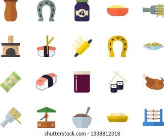 Color flat icon set rolling pin flat vector, jugful, spaghetti, on a fork, porridge, pie, chicken, fish rolls, sashimi, jam, well, horseshoe, fireplace, abacus