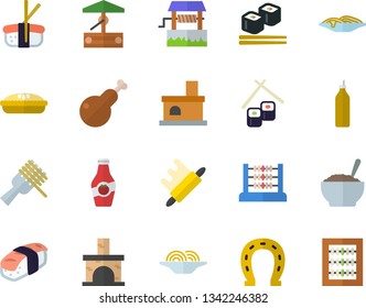 Color flat icon set rolling pin flat vector, spaghetti on a fork, porridge, pie, chicken, fish rolls, sashimi, mustard, ketchup, well, horseshoe, fireplace, abacus