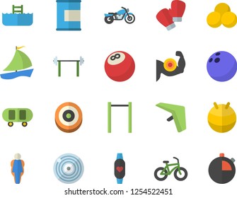 Color flat icon set sailboat flat vector, barbell, bowling ball, skateboard, muscles, bicycle, parallel bars, fitball, boxing gloves, target, pills, proteins, fitness bracelet, size, hang glider