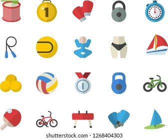 Color flat icon set sailboat flat vector, weight, medal, volleyball, waistline, bicycle, stopwatch, skipping rope, sports equipment horse, tennis ball, boxing gloves, pills, yoga, steroids, table