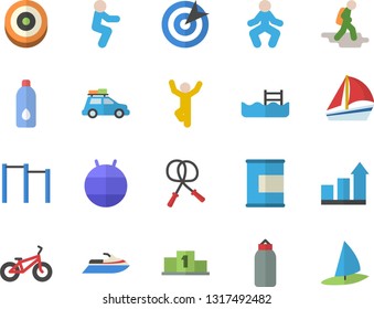 Color flat icon set sailboat flat vector, target, pedestal, achievement chart, bicycle, skipping rope, parallel bars, sports pear, fitball, gymnastics, squats, proteins, water, pool, car fector