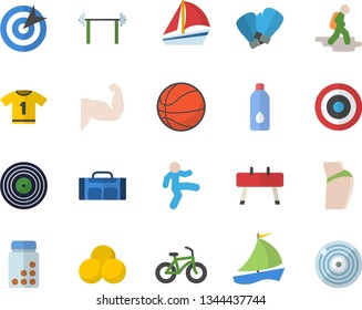 Color flat icon set sailboat flat vector, target, barbell, basketball, muscles, buttocks, bicycle, vitamins, sports equipment horse, boxing gloves, sport T shirt, pills, gymnastics, water, bag