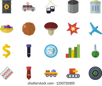 Color flat icon set salad flat vector, cutlet, fish rolls, mushroom, oil tanks, conveyor, pipe production, chart, dollar, pill packaging, ambulance, tie, spark, lunar rover, Petri dish, trash can