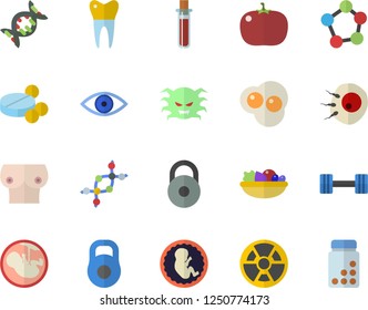 Color flat icon set salad flat vector, tomato, scrambled eggs, radiation, pills, blood test, virus, eye, embryo, breast, molecules, artificial insemination, dental crowns, dna, dumbbell, weight