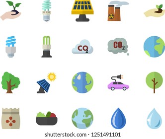 Color flat icon set salad flat vector, seeds, tree, seedlings, solar battery, earth, energy saving lamp, electric cars, carbon dioxide, fector, nuclear power plant, drop