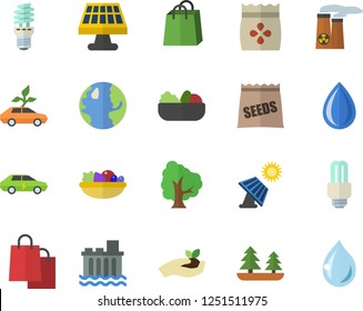 Color flat icon set salad flat vector, seeds, tree, seedlings, solar battery, earth, forest, hydroelectric power station, energy saving lamp, eco cars, electric, bags, fector, nuclear plant, drop