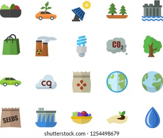 Color flat icon set salad flat vector, seeds, tree, seedlings, solar battery, earth, forest, hydroelectric power station, eco cars, electric, carbon dioxide, bags, energy saving lamp fector, drop
