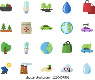 Color flat icon set salad flat vector, seeds, tree, seedlings, solar battery, earth, forest, energy saving lamp, eco cars, electric, carbon dioxide, bags, fector, nuclear power plant, drop