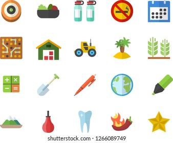 Color flat icon set salad flat vector, hot peppers, tractor, shovel, earth, marker, calculator, warehouse, ampoule, tooth, calendar, pen, electronic circuit, ear, sports pear, target, island fector
