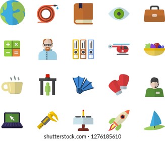 Color flat icon set salad flat vector, hose, trammel, earth, telephone operator, calculator, briefcase, eye, helicopter, coffee, laptop, rocket, textbook, scientist, folders for papers, flippers