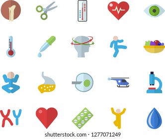 Color flat icon set salad flat vector, thermometer, pill packaging, pipette, heart, microscope, eye, headache, helicopter, chromosomes, artificial insemination, bone fracture, stomach, heartbeat