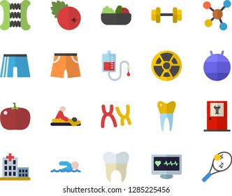 Color flat icon set salad flat vector, tomato, cranberry, radiation, blood transfusion, computer diagnostics of health, hospital, massage, chromosomes, molecules, dental crowns, dumbbell, fitball