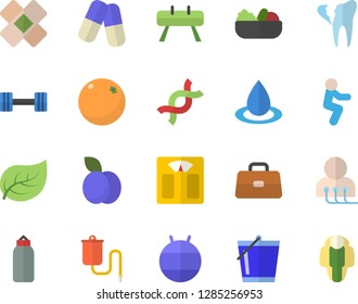 Color flat icon set salad flat vector, plum, orange, bucketful, tree leaf, drop, pills, medical warmer, briefcase, patch, diagnostics, DNA, broken tooth, dumbbell, weighing machine, pear, fitball