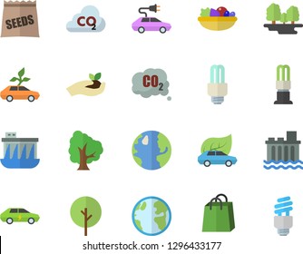 Color flat icon set salad flat vector, seeds, tree, seedlings, earth, forest, hydroelectric power station, energy saving lamp, eco cars, electric, carbon dioxide, bags, fector