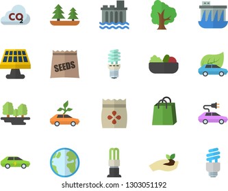 Color flat icon set salad flat vector, seeds, tree, seedlings, solar battery, earth, forest, hydroelectric power station, energy saving lamp, eco cars, electric, carbon dioxide, bags, vector