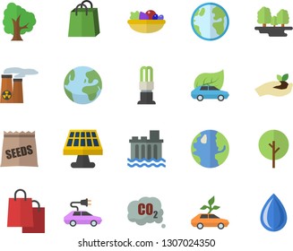 Color flat icon set salad flat vector, seeds, tree, seedlings, solar battery, earth, forest, hydroelectric power station, energy saving lamp, eco cars, electric, carbon dioxide, bags, nuclear plant