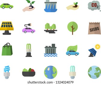 Color flat icon set salad flat vector, seeds, tree, seedlings, solar battery, earth, forest, hydroelectric power station, energy saving lamp, eco cars, electric, carbon dioxide, bags, fector