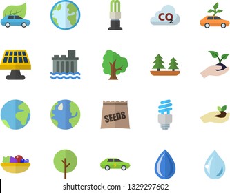 Color flat icon set salad flat vector, seeds, tree, seedlings, solar battery, earth, forest, hydroelectric power station, energy saving lamp, eco cars, electric, carbon dioxide, fector, drop
