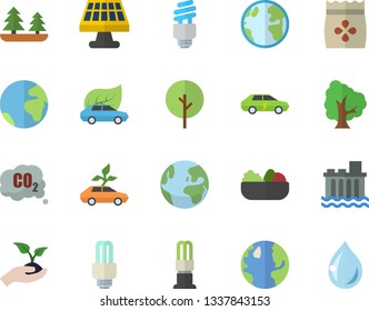 Color flat icon set salad flat vector, seeds, tree, seedlings, solar battery, earth, forest, hydroelectric power station, energy saving lamp, eco cars, electric, carbon dioxide, fector, drop