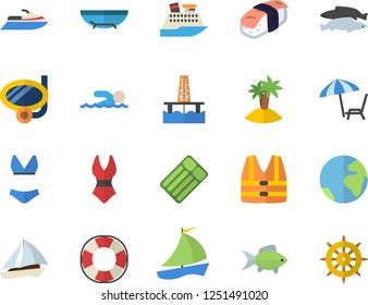 Color flat icon set sashimi flat vector, fish, oil production platform, sailboat, swimsuit, swimming, earth fector, sea beach, chaise lounge, island, mask, life vest, water scooter, lifebuoy