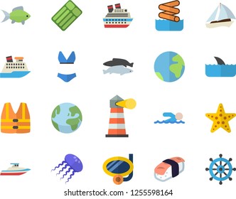 Color flat icon set sashimi flat vector, fish, lighthouse, swimsuit, swimming, earth fector, sailboat, mask, starfish, aquapark, life vest, cruise ship, shark, yacht, inflatable mattress, jellyfish