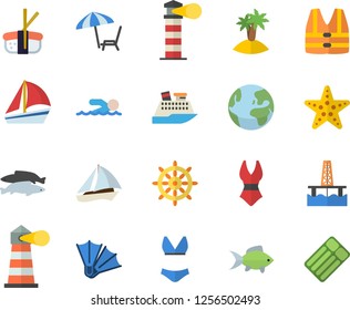 Color flat icon set sashimi flat vector, fish, oil production platform, lighthouse, sailboat, swimsuit, swimming, earth fector, chaise lounge, island, flippers, starfish, steering wheel, life vest