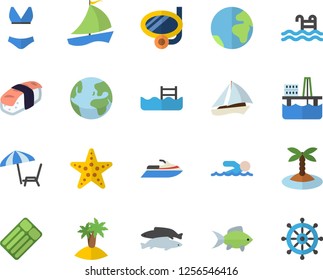 Color flat icon set sashimi flat vector, fish, oil production platform, sailboat, swimsuit, swimming, pool, earth fector, chaise lounge, island, mask, starfish, water scooter, inflatable mattress