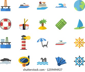 Color flat icon set sashimi flat vector, fish, oil production platform, lighthouse, swimming, pool, earth fector, chaise lounge, island, mask, flippers, steering wheel, water scooter, lifebuoy