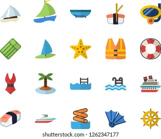 Color flat icon set sashimi flat vector, sailboat, swimsuit, pool, fector, sea beach, island, swimming mask, flippers, starfish, aquapark, life vest, lifebuoy, cruise ship, yacht, windsurfing