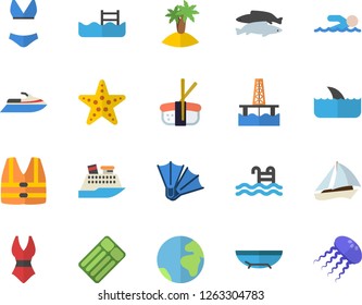 Color flat icon set sashimi flat vector, fish, oil production platform, swimsuit, swimming, pool, earth fector, sailboat, sea beach, island, flippers, starfish, life vest, water scooter, cruise ship