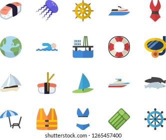 Color flat icon set sashimi flat vector, fish, oil production platform, swimsuit, swimming, earth fector, sailboat, chaise lounge, mask, life vest, water scooter, lifebuoy, yacht, jellyfish