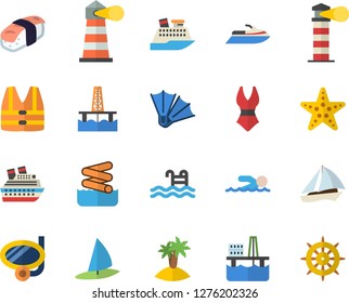Color flat icon set sashimi flat vector, oil production platform, lighthouse, swimsuit, swimming, pool, sailboat fector, island, mask, flippers, starfish, aquapark, life vest, water scooter