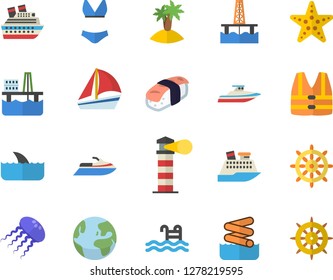 Color flat icon set sashimi flat vector, oil production platform, lighthouse, sailboat, swimsuit, pool, earth fector, island, starfish, aquapark, steering wheel, life vest, water scooter, shark