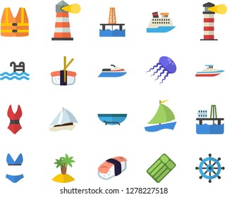 Color flat icon set sashimi flat vector, oil production platform, lighthouse, sailboat, swimsuit, pool, fector, sea beach, island, life vest, water scooter, cruise ship, yacht, inflatable mattress