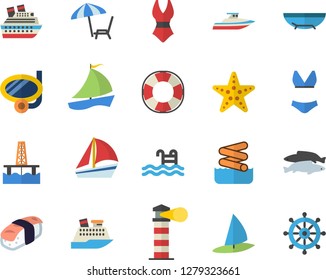 Color flat icon set sashimi flat vector, fish, oil production platform, lighthouse, sailboat, swimsuit, pool, sea beach fector, chaise lounge, swimming mask, starfish, aquapark, lifebuoy, yacht